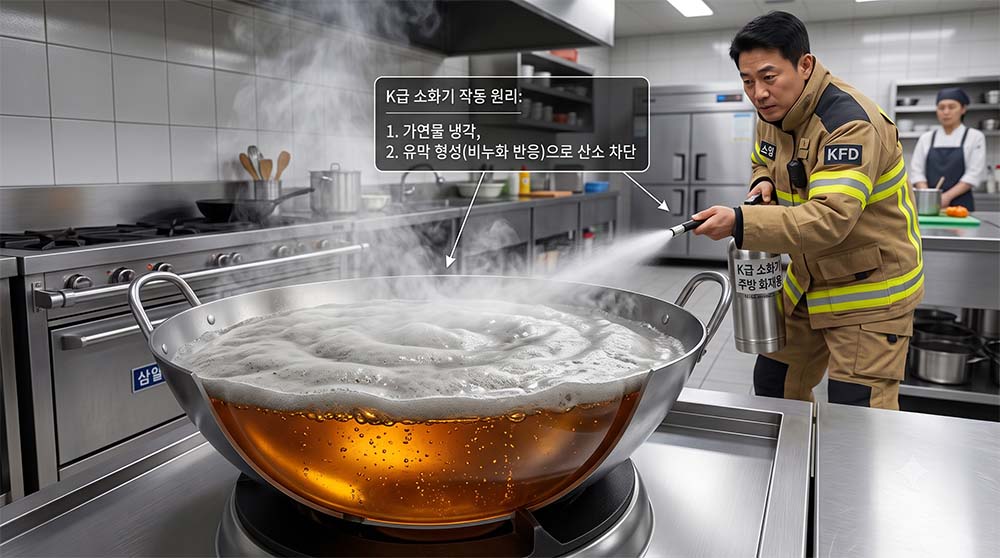 K급 소화기로 진화하는 모습