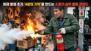 화재 발생 초기 '4분의 기적'을 만드는 소화기 실무 활용 가이드 타이틀 이미지. 작업실 화재 현장에서 한 남성이 소화기를 사용해 불을 끄고 있는 모습.