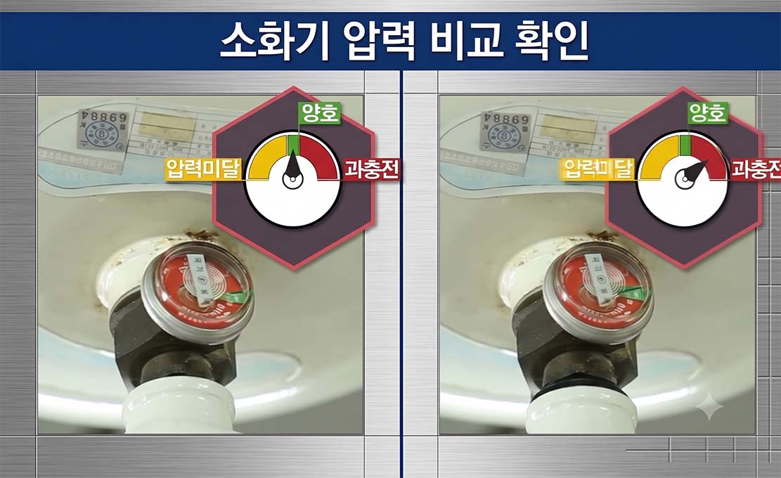 정상 범위를 가리키고 있는 지시압력계 녹색 구간