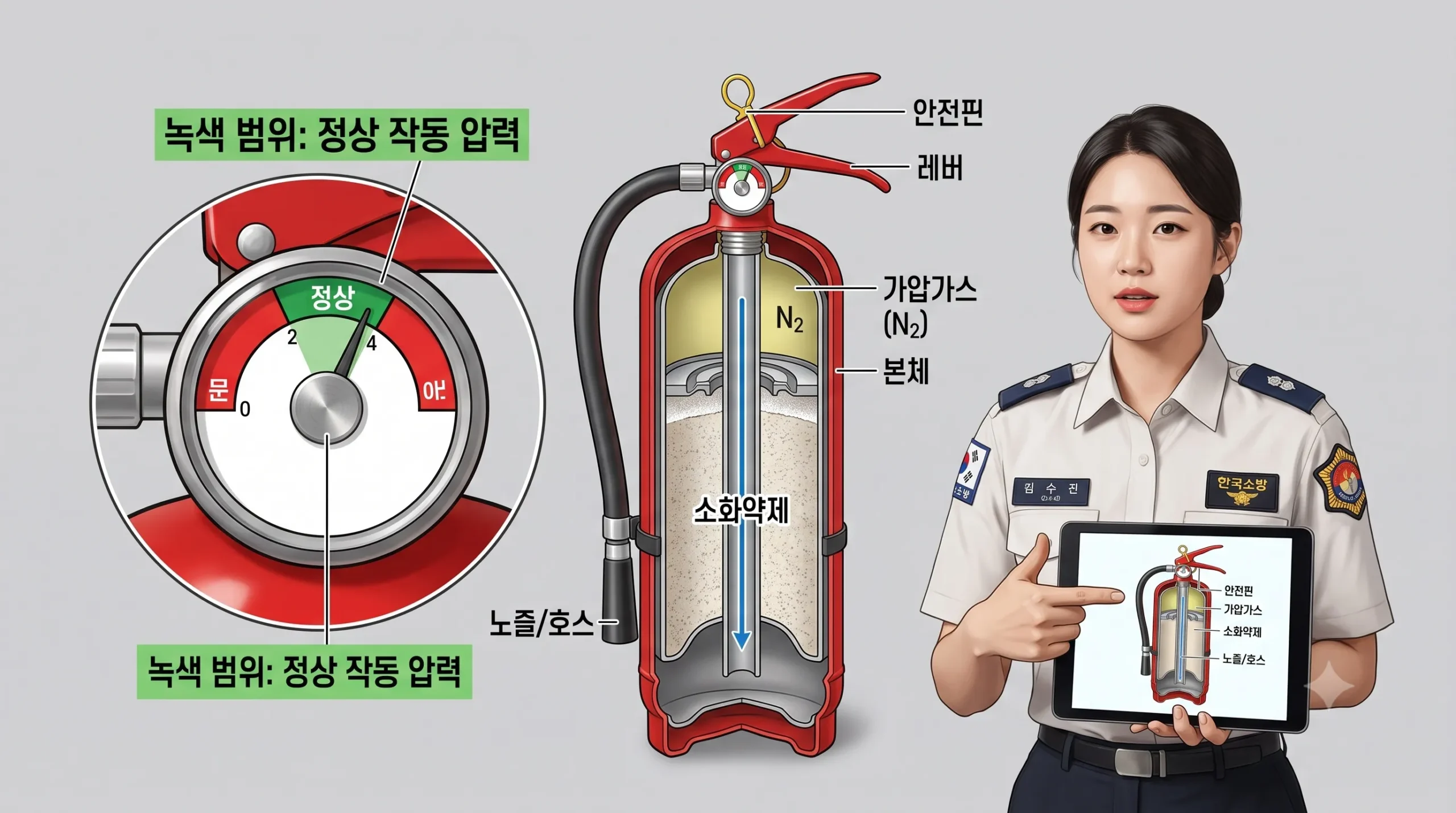 소화기의 전체적인 내부 및 외부 구조도와 지시압력계(압력 게이지) 눈금을 상세히 확대한 일러스트.