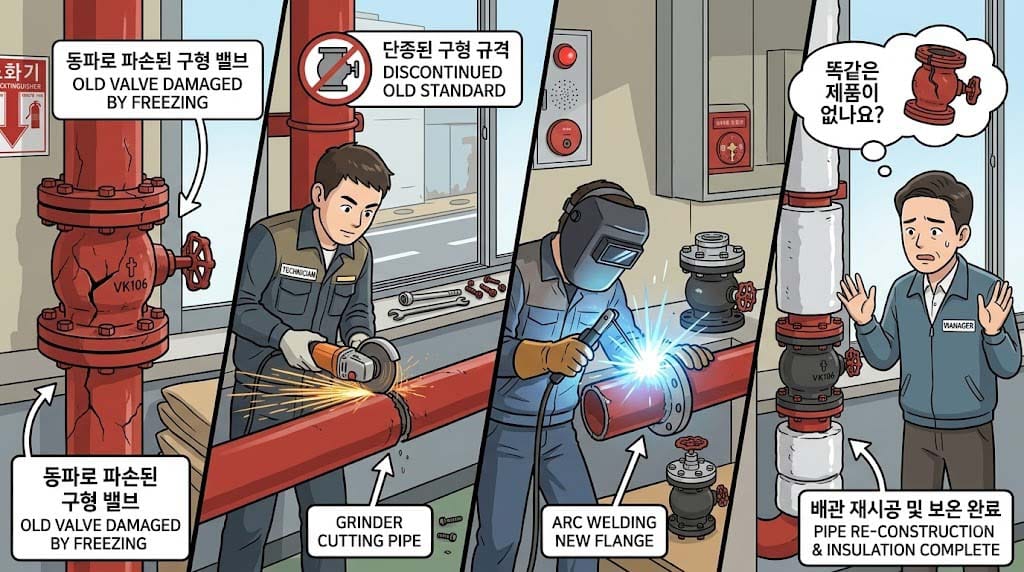 동파된 소방 체크밸브 교체 과정