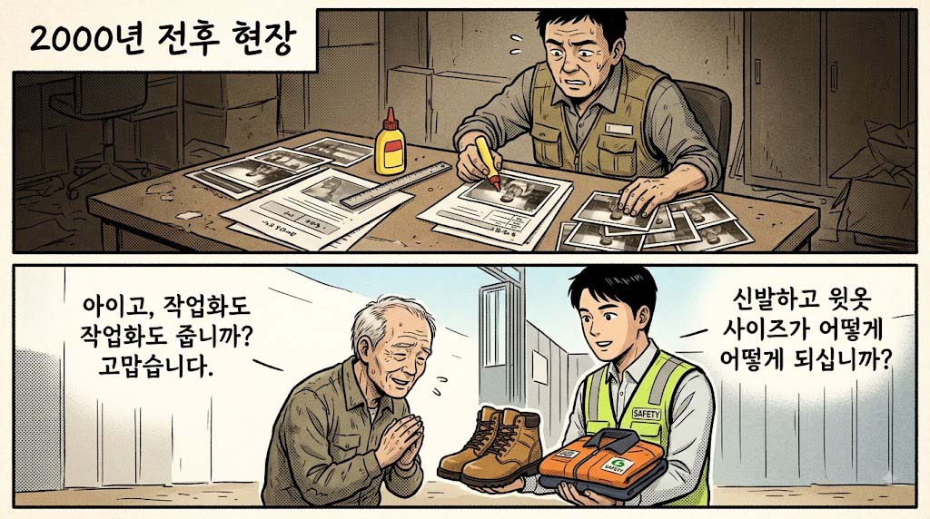 안전용품 지급 과거와 현재 삽화